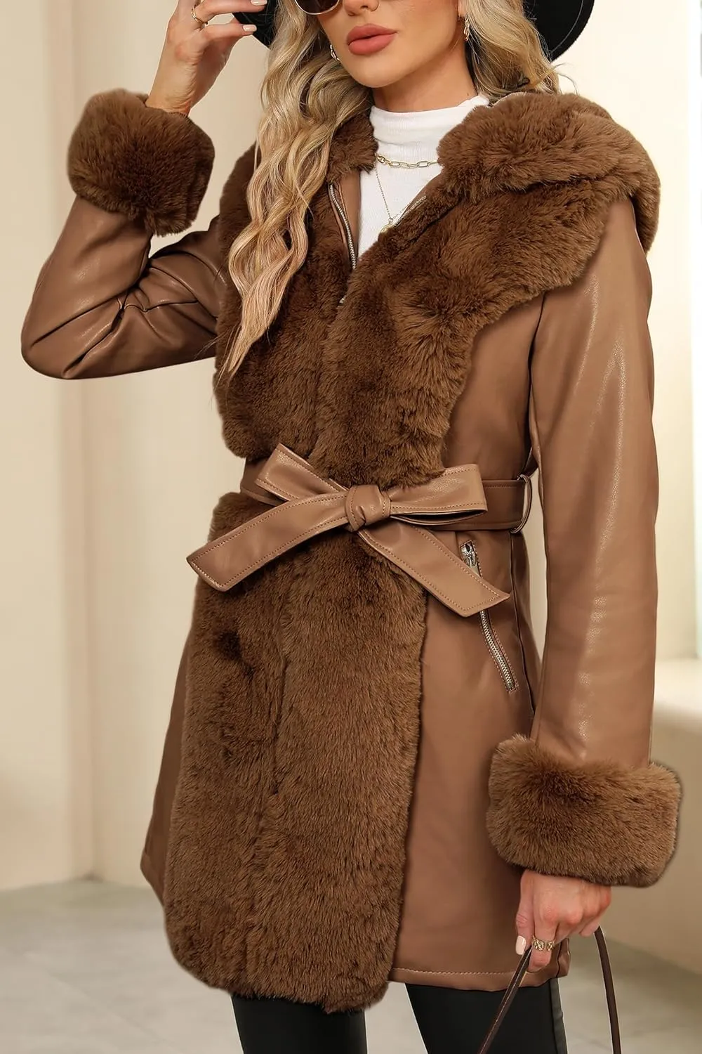 Bellivera Women's Faux Leather Fleece Lined Coat Winter Hooded Zip-up Parka with Belt