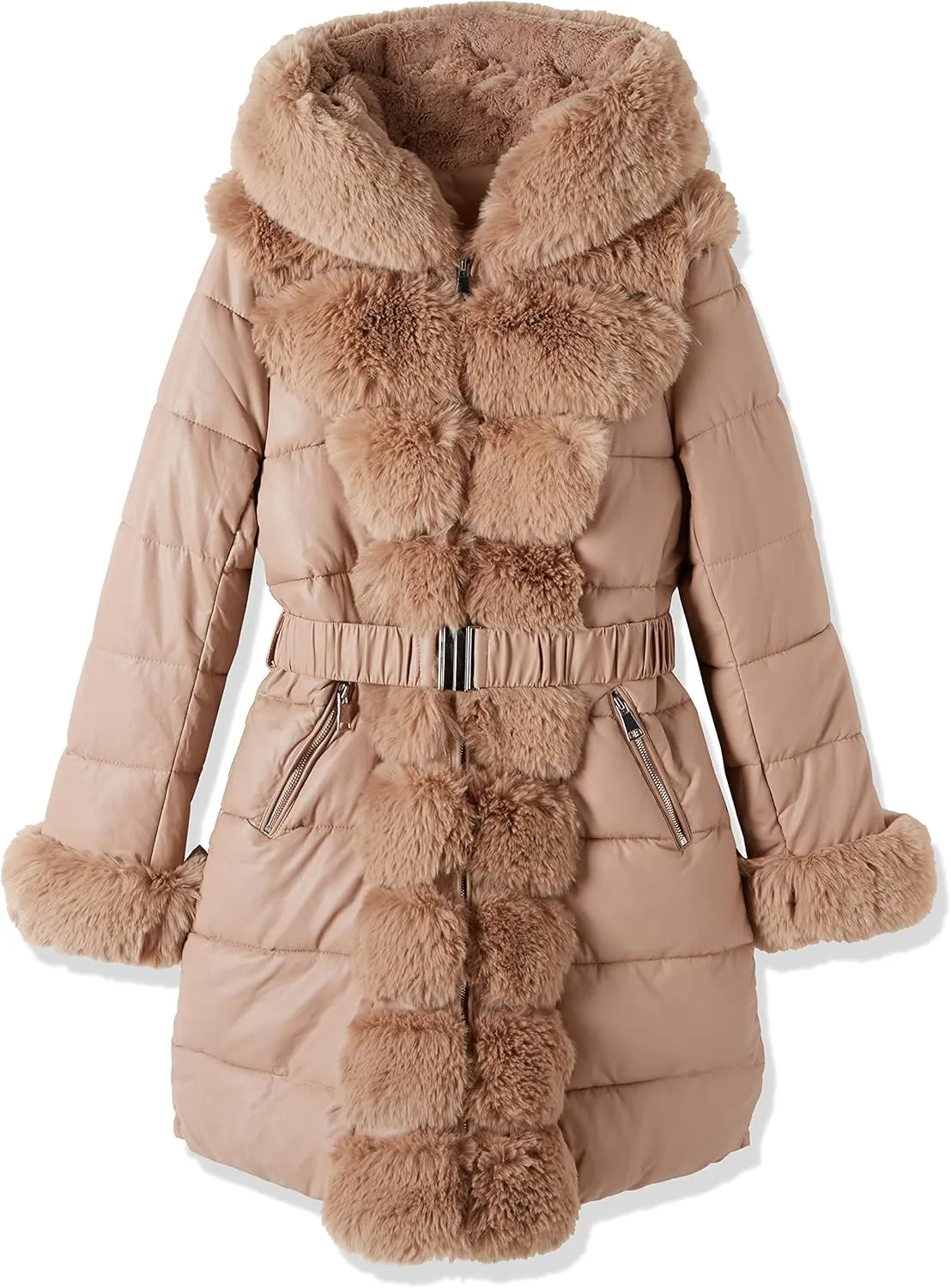Bellivera Women's Faux Leather Fleece Lined Coat Winter Hooded Zip-up Parka with Belt