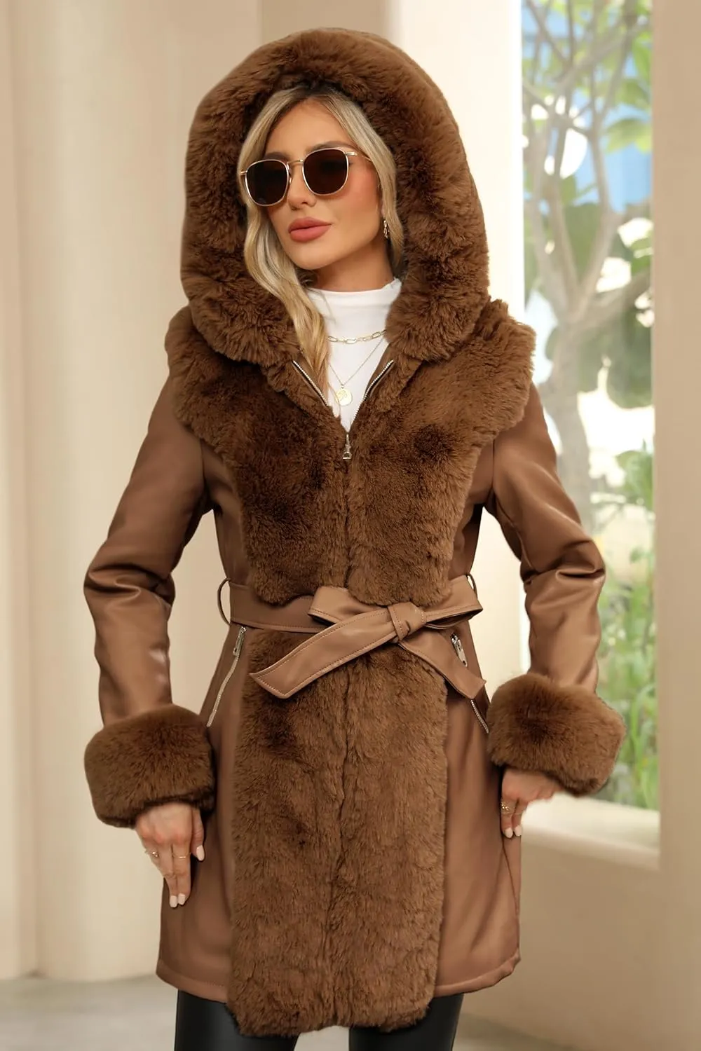 Bellivera Women's Faux Leather Fleece Lined Coat Winter Hooded Zip-up Parka with Belt