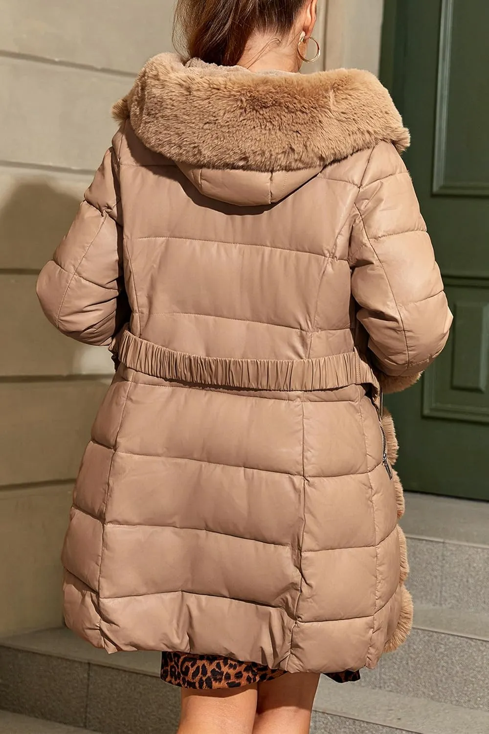 Bellivera Women's Faux Leather Fleece Lined Coat Winter Hooded Zip-up Parka with Belt