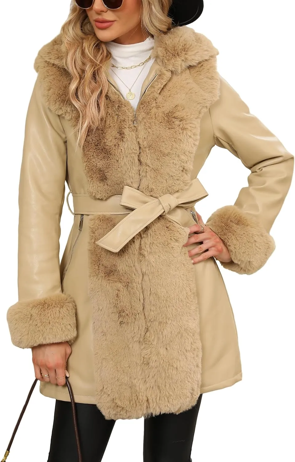 Bellivera Women's Faux Leather Fleece Lined Coat Winter Hooded Zip-up Parka with Belt