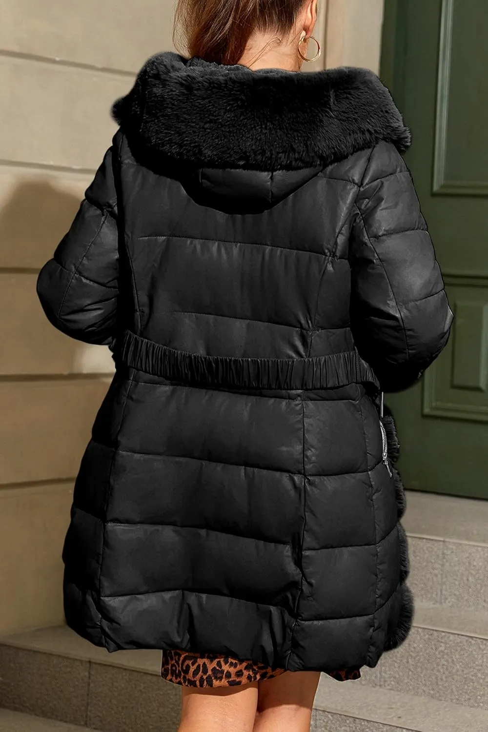 Bellivera Women's Faux Leather Fleece Lined Coat Winter Hooded Zip-up Parka with Belt