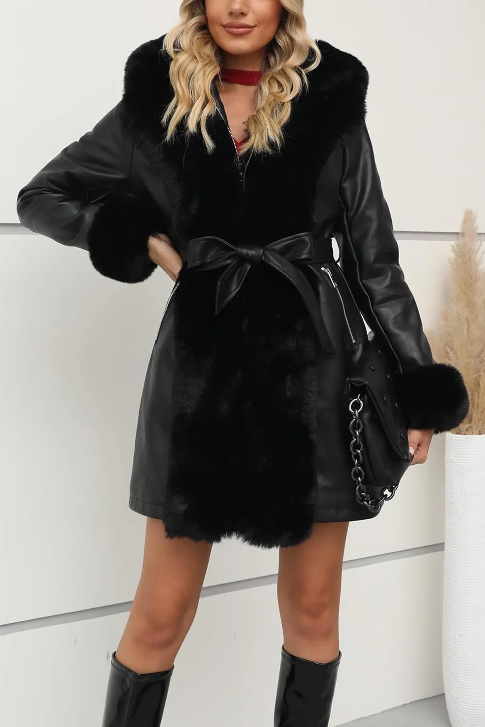 Bellivera Women's Faux Leather Fleece Lined Coat Winter Hooded Zip-up Parka with Belt