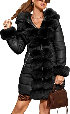 Bellivera Women's Faux Leather Fleece Lined Coat Winter Hooded Zip-up Parka with Belt