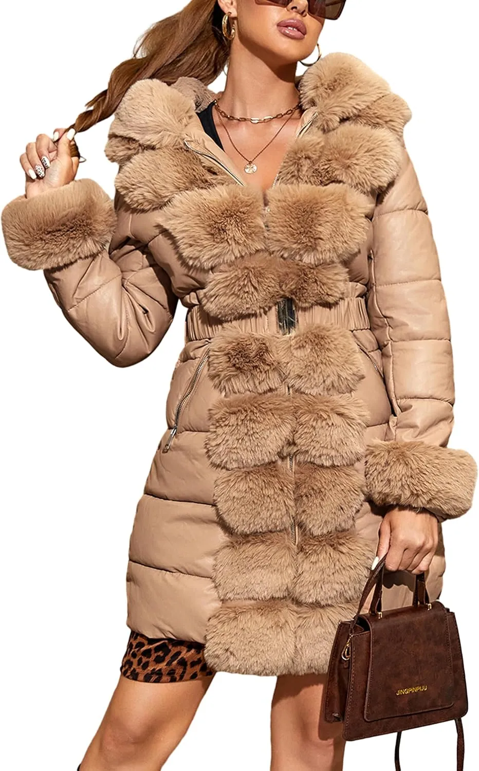 Bellivera Women's Faux Leather Fleece Lined Coat Winter Hooded Zip-up Parka with Belt