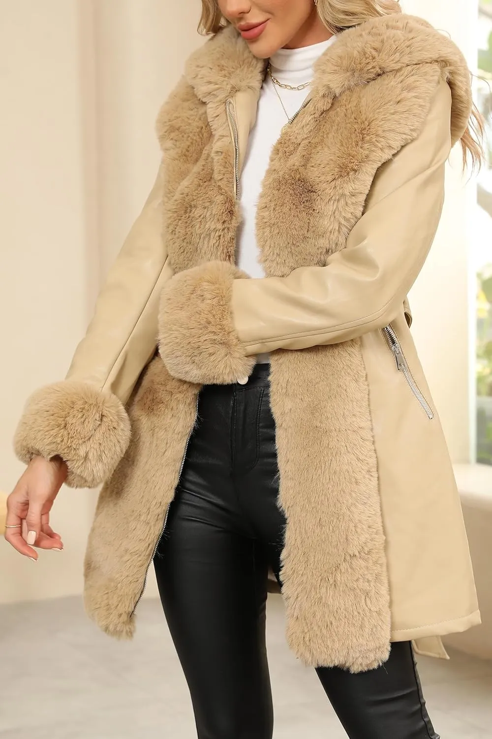 Bellivera Women's Faux Leather Fleece Lined Coat Winter Hooded Zip-up Parka with Belt