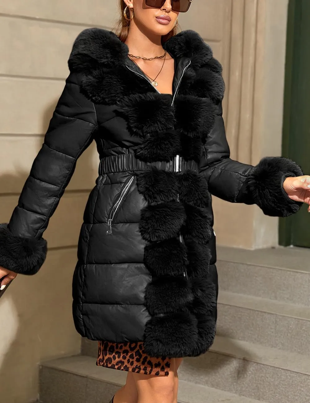 Bellivera Women's Faux Leather Fleece Lined Coat Winter Hooded Zip-up Parka with Belt