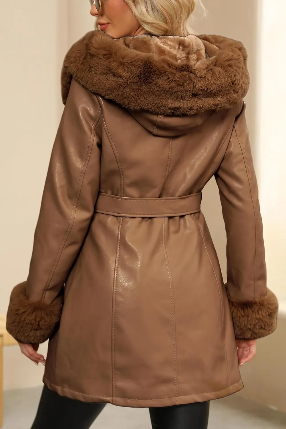 Bellivera Women's Faux Leather Fleece Lined Coat Winter Hooded Zip-up Parka with Belt
