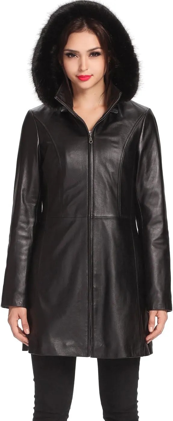 BGSD Women Irene Hooded Lambskin Leather Parka Coat (Also available in Plus Size & Petite)