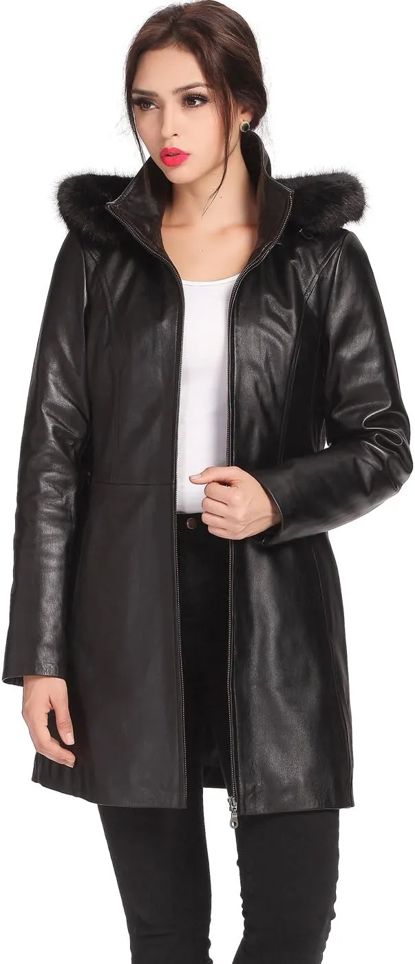 BGSD Women Irene Hooded Lambskin Leather Parka Coat (Also available in Plus Size & Petite)