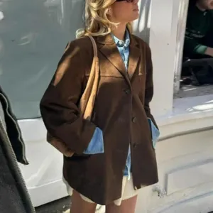 Brown Suede Jacket Women - Y2K Faux Suede Blazer Coat Vintage Aesthetics Old Money Oversized Outerwear