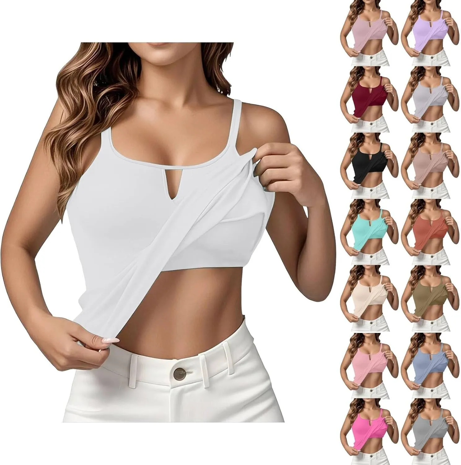 Built in Bra Tank Tops for Women Adjustable Spaghetti Strap Yoga Basic Shirts Padded Camisole Lounge Undershirts
