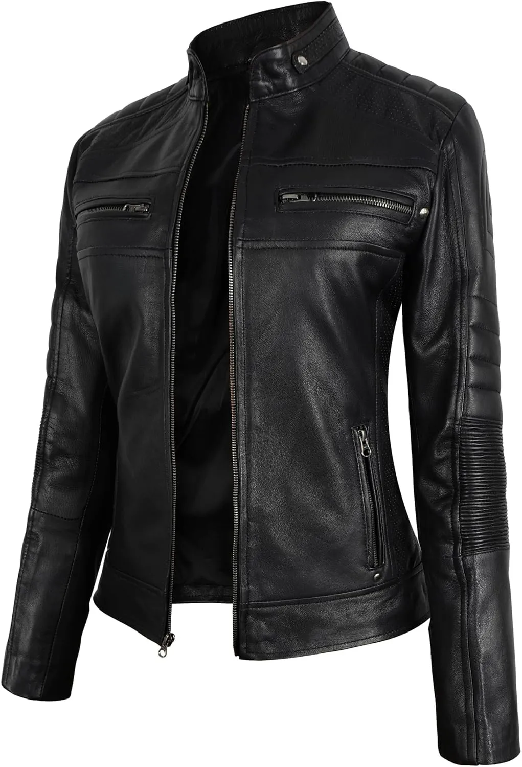 Cafe Racer Leather Jacket Women - Moto Biker Style Womens Leather Jacket Casual Fashion
