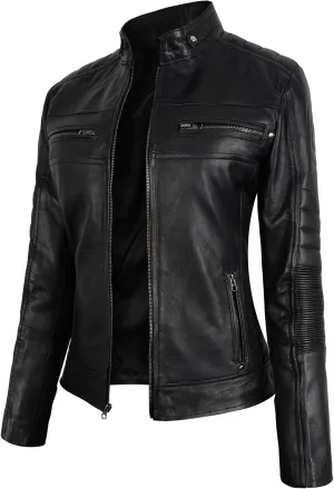 Cafe Racer Leather Jacket Women - Moto Biker Style Womens Leather Jacket Casual Fashion