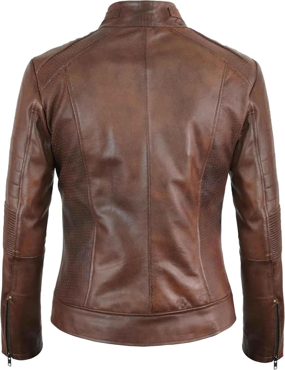 Cafe Racer Leather Jacket Women - Moto Biker Style Womens Leather Jacket Casual Fashion