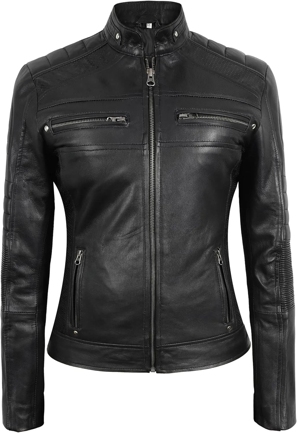 Cafe Racer Leather Jacket Women - Moto Biker Style Womens Leather Jacket Casual Fashion