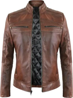 Cafe Racer Leather Jacket Women - Moto Biker Style Womens Leather Jacket Casual Fashion