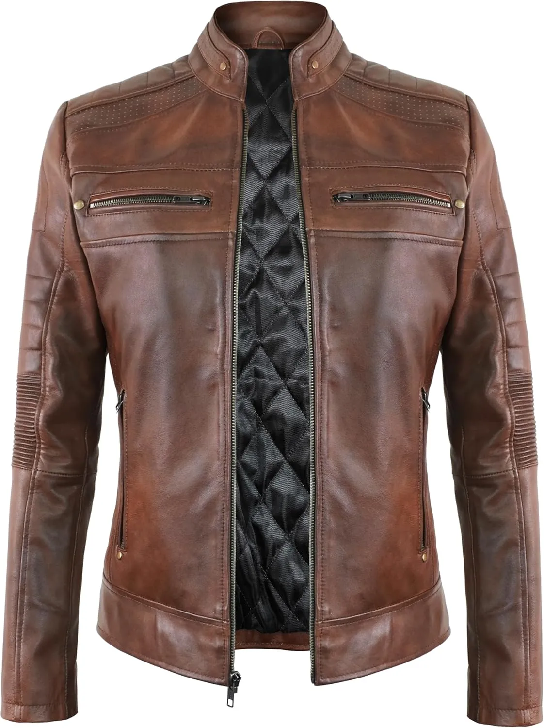 Cafe Racer Leather Jacket Women - Moto Biker Style Womens Leather Jacket Casual Fashion
