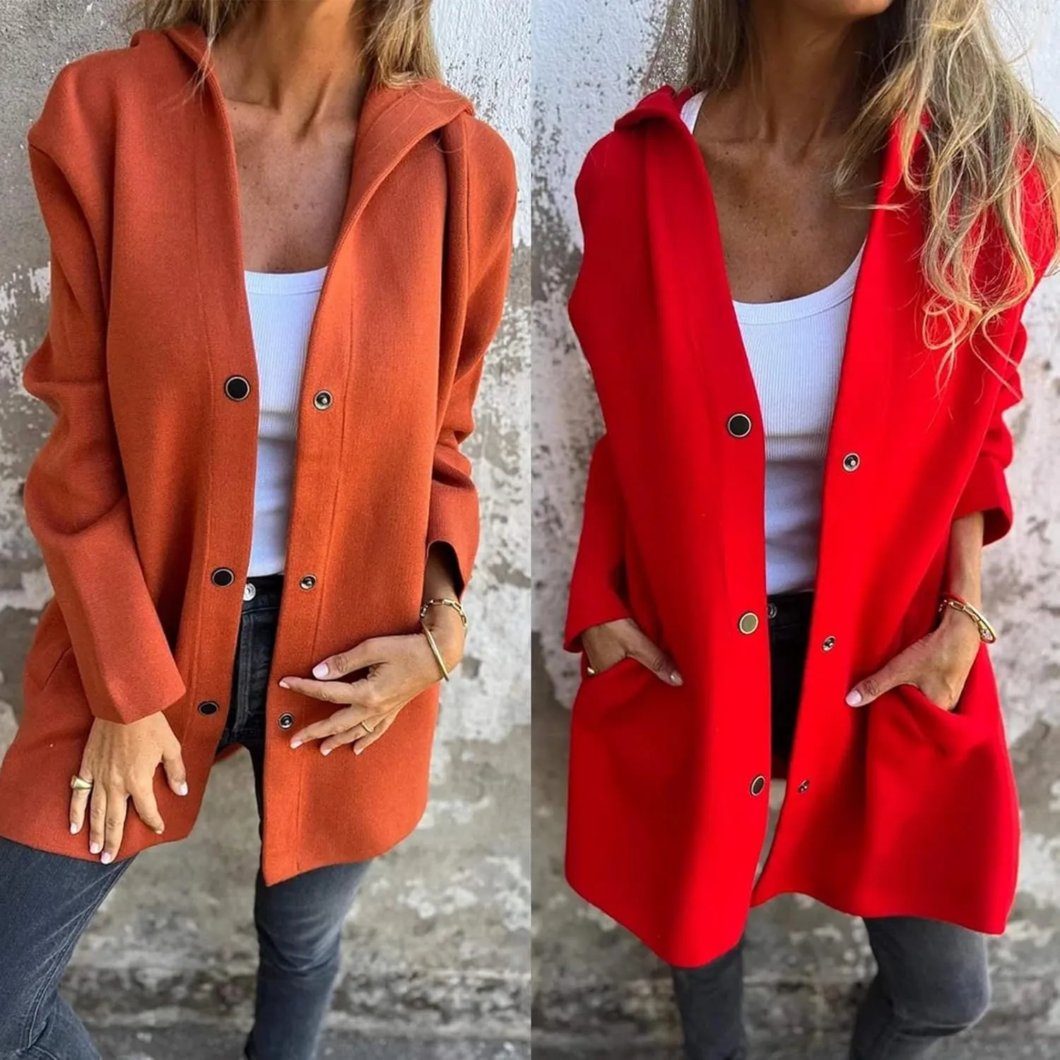 Casual Single Breasted Hooded Jacket 2024 New Jasperbelly Hooded Jacket Womens Mid Length Casual Trench Coat(Red,X-Large)
