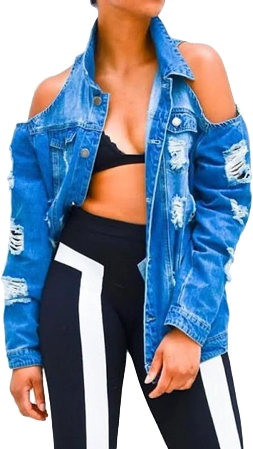 CHARTOU Women's Casual Cold Shoulder Ripped Distressed Button Down Denim Jean Jacket