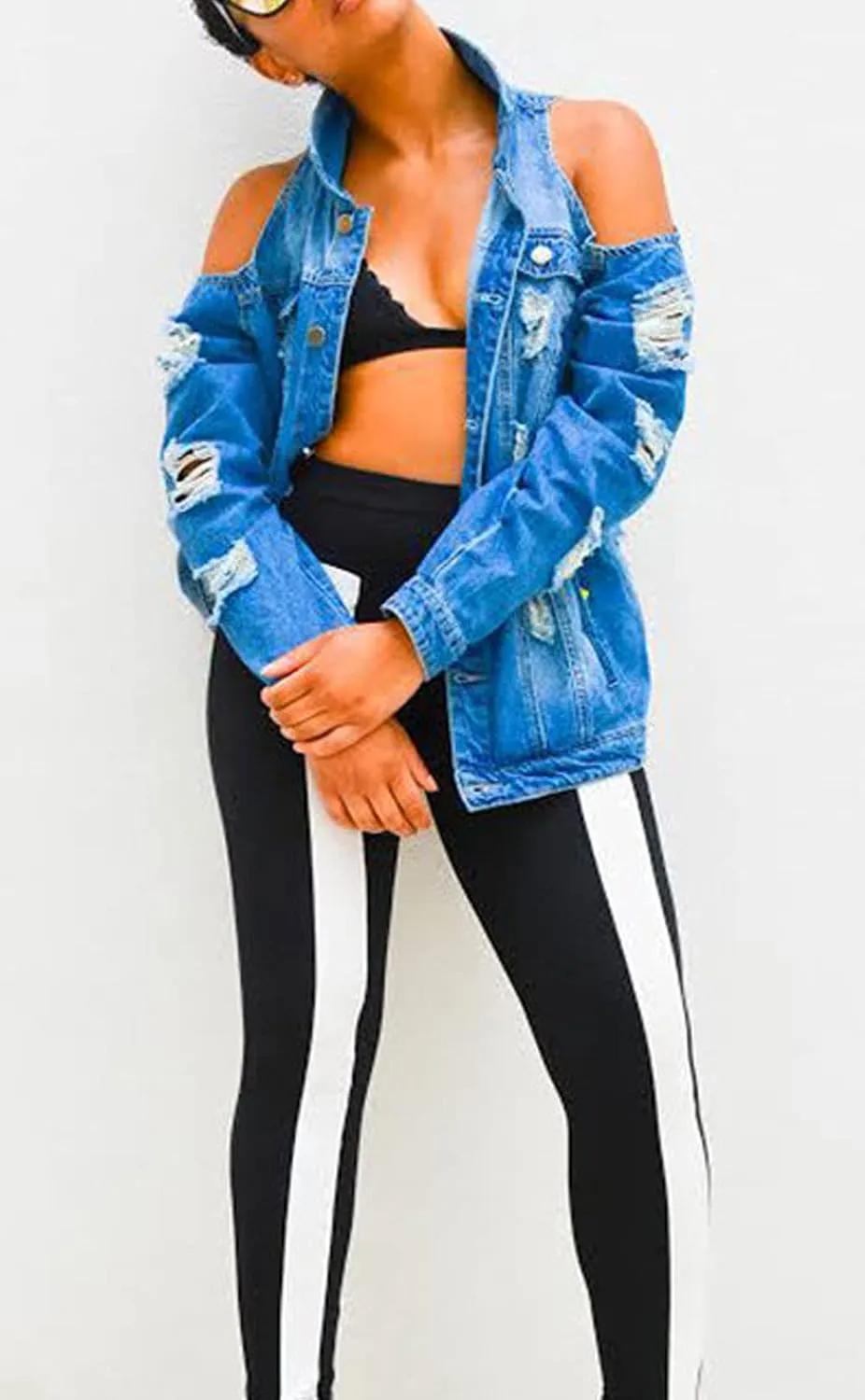 CHARTOU Women's Casual Cold Shoulder Ripped Distressed Button Down Denim Jean Jacket