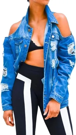 CHARTOU Women's Casual Cold Shoulder Ripped Distressed Button Down Denim Jean Jacket