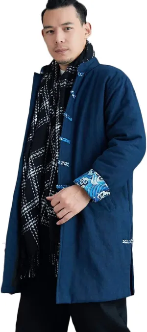 Chinese Traditional Men's Cotton Padded Jacket Coat Contrast Color Buttons Wadded Winter Jacket Thick and Warm (Blue, XL)