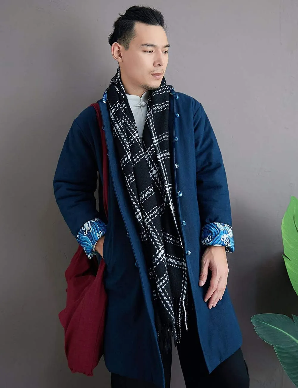 Chinese Traditional Men's Cotton Padded Jacket Coat Contrast Color Buttons Wadded Winter Jacket Thick and Warm