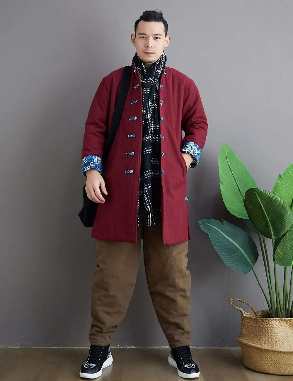 Chinese Traditional Men's Cotton Padded Jacket Coat Contrast Color Buttons Wadded Winter Jacket Thick and Warm