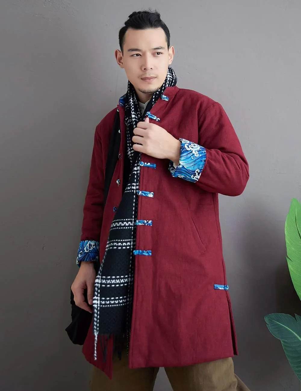 Chinese Traditional Men's Cotton Padded Jacket Coat Contrast Color Buttons Wadded Winter Jacket Thick and Warm