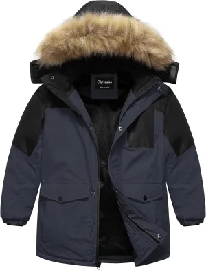 Chrisuno Boy's Med-length Parka Winter Coat Waterproof Outwear Ski Snow Jackets Thick Padded Insulated Windbreaker