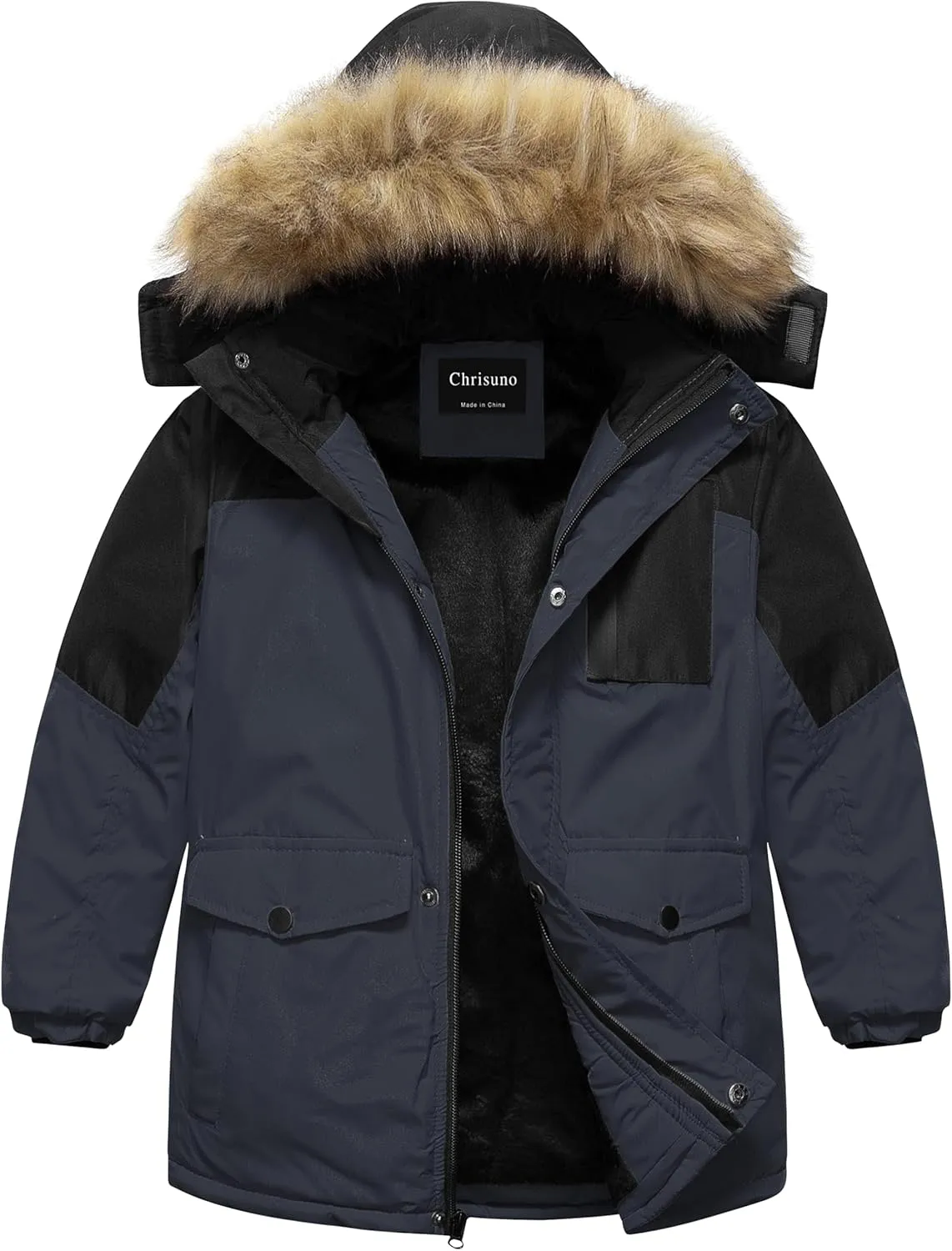 Chrisuno Boy's Med-length Parka Winter Coat Waterproof Outwear Ski Snow Jackets Thick Padded Insulated Windbreaker