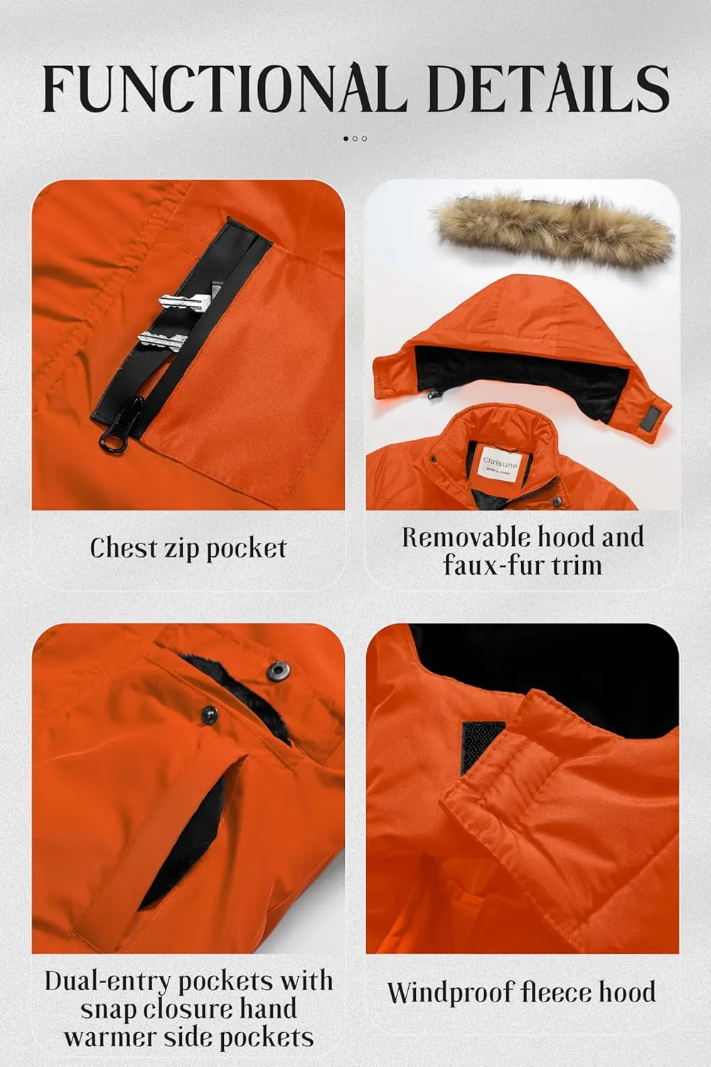 Chrisuno Boy's Med-length Parka Winter Coat Waterproof Outwear Ski Snow Jackets Thick Padded Insulated Windbreaker