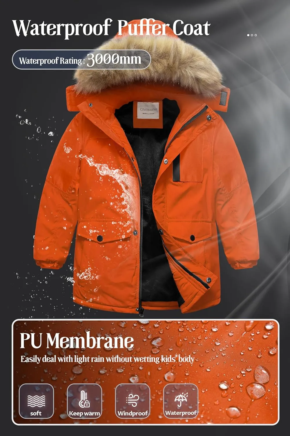 Chrisuno Boy's Med-length Parka Winter Coat Waterproof Outwear Ski Snow Jackets Thick Padded Insulated Windbreaker