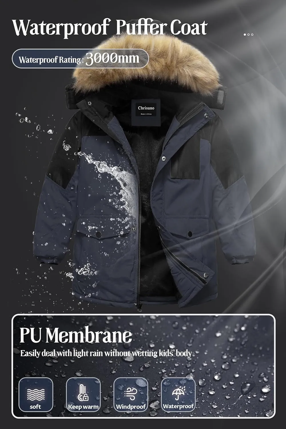 Chrisuno Boy's Med-length Parka Winter Coat Waterproof Outwear Ski Snow Jackets Thick Padded Insulated Windbreaker