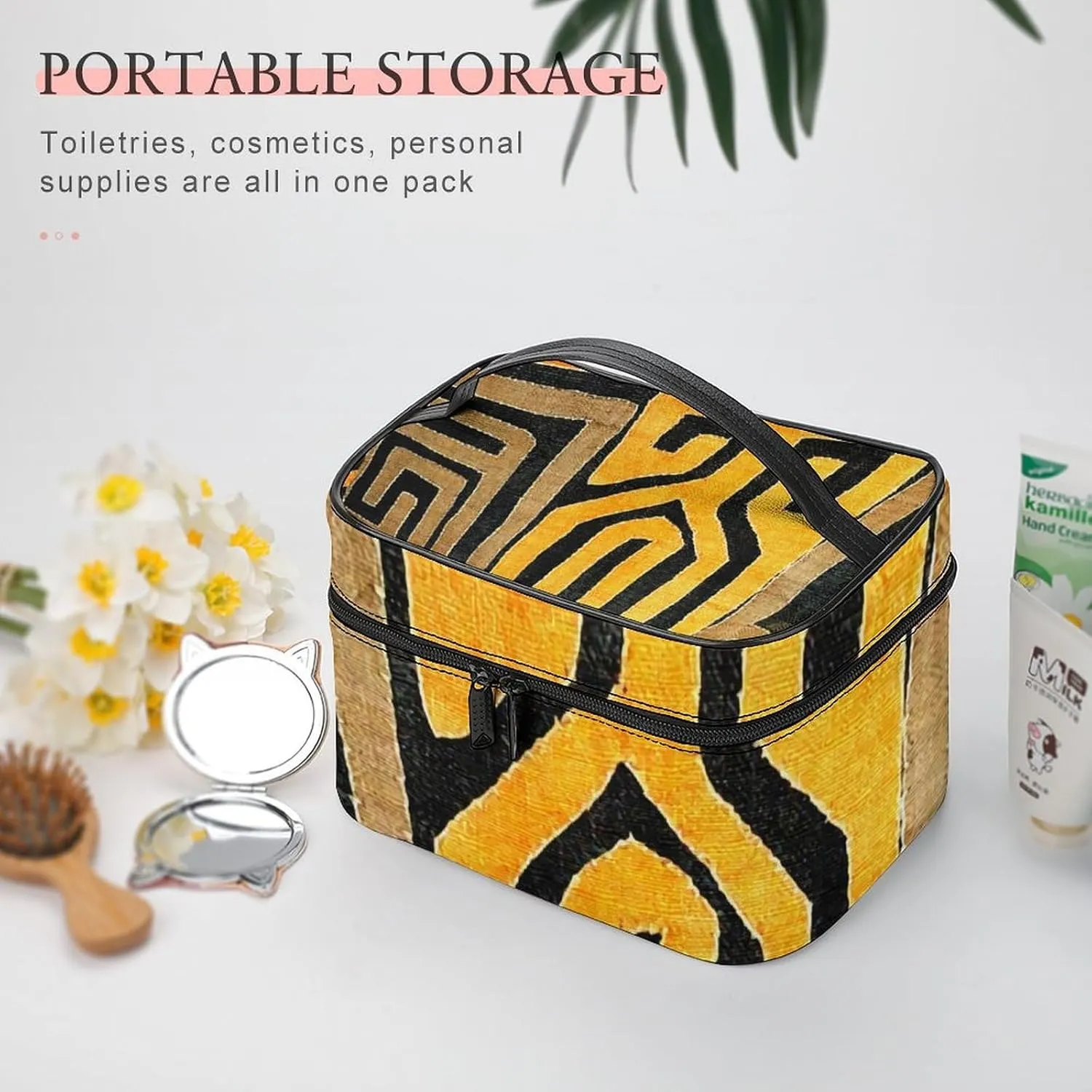 Contemporary African Mud Cloth Print Retro Pattern Portable Large Capacity Portable Makeup Bag with Zipper