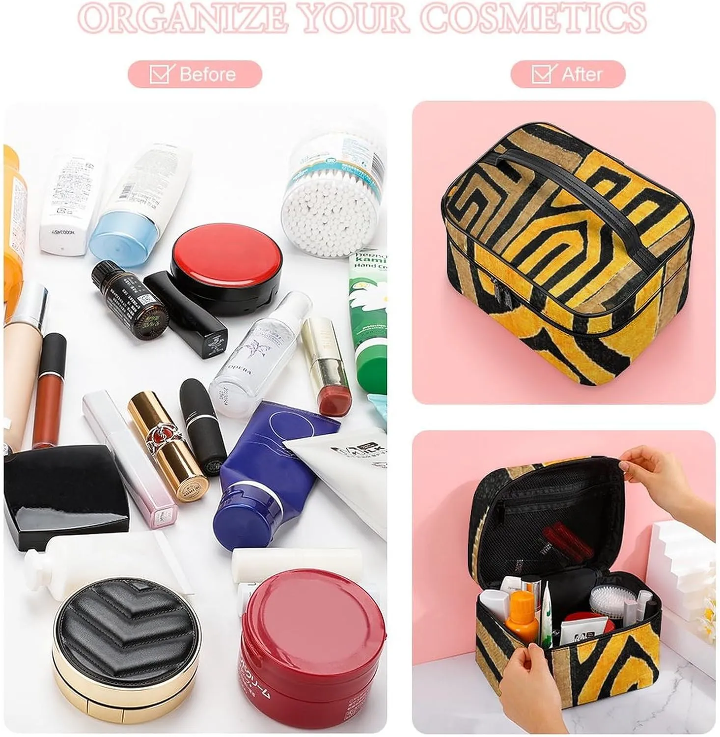 Contemporary African Mud Cloth Print Retro Pattern Portable Large Capacity Portable Makeup Bag with Zipper