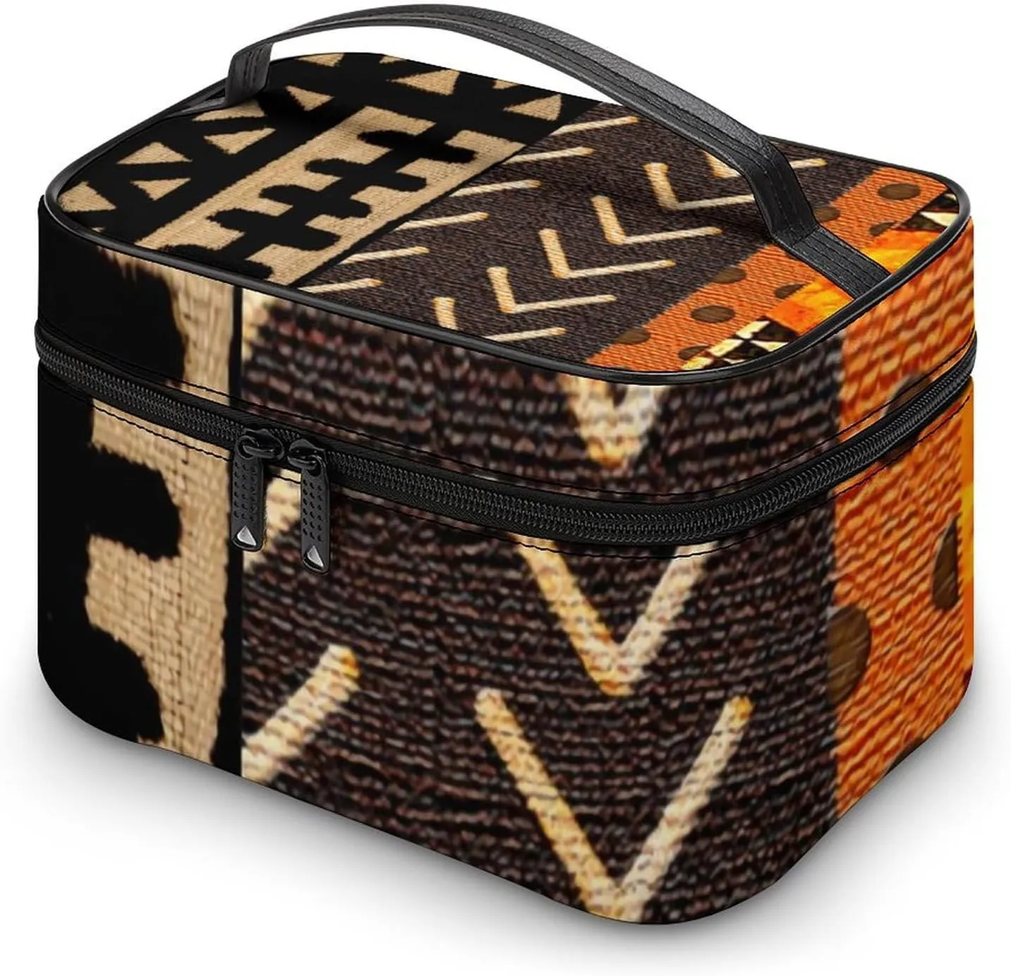 Contemporary AfricanMud Cloth Print Retro Portable Large Capacity Portable Makeup Bag with Zipper