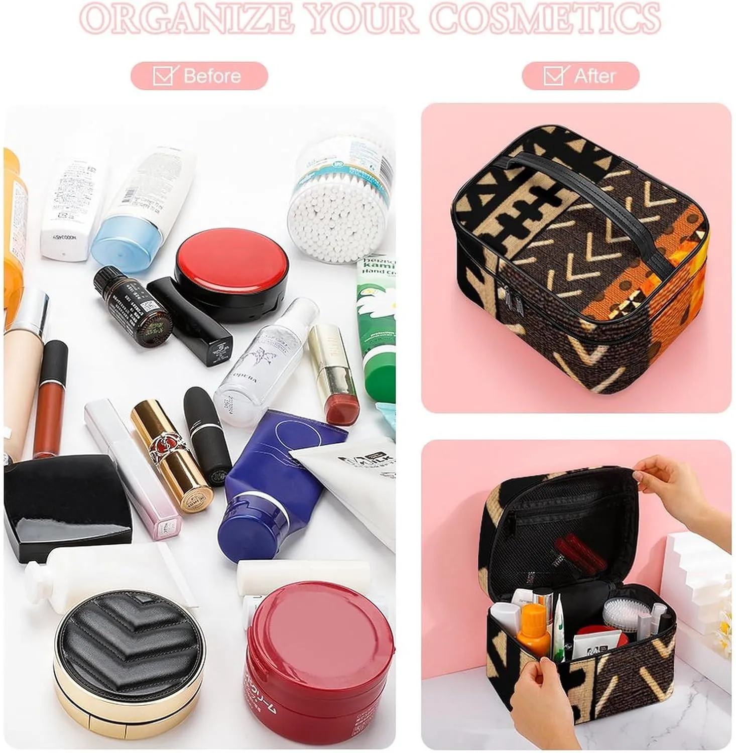 Contemporary AfricanMud Cloth Print Retro Portable Large Capacity Portable Makeup Bag with Zipper
