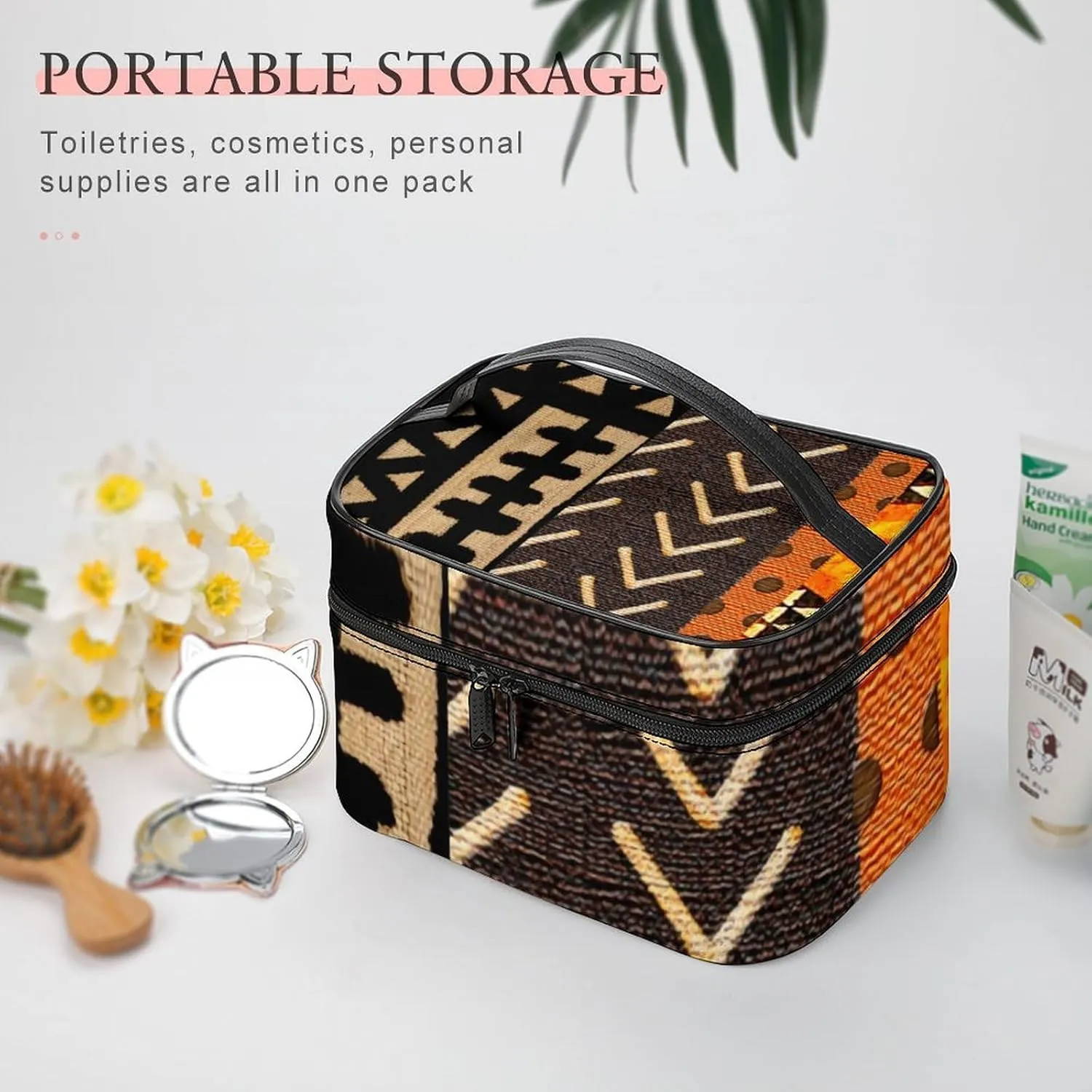 Contemporary AfricanMud Cloth Print Retro Portable Large Capacity Portable Makeup Bag with Zipper