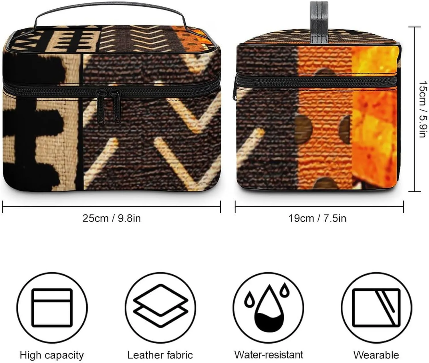 Contemporary AfricanMud Cloth Print Retro Portable Large Capacity Portable Makeup Bag with Zipper