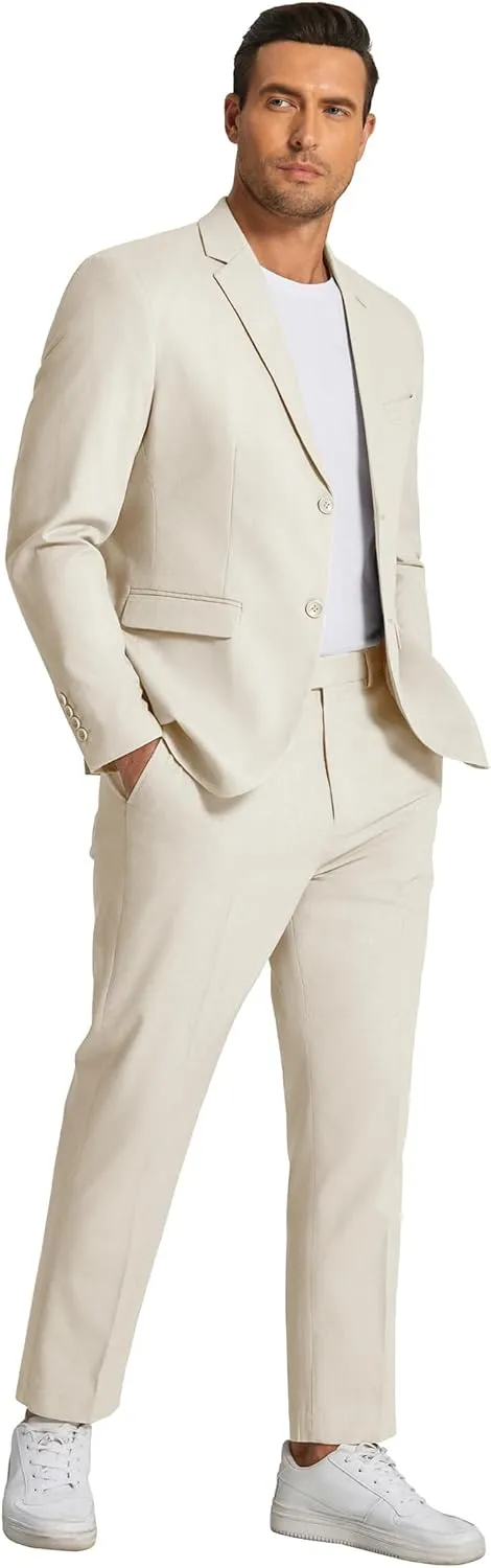 COOFANDY Men's 2 Piece Linen Cotton Suits Set Casual Linen Lightweight Suit Summer Beach Wedding