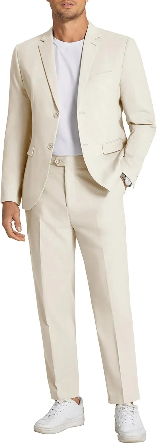 COOFANDY Men's 2 Piece Linen Cotton Suits Set Casual Linen Lightweight Suit Summer Beach Wedding