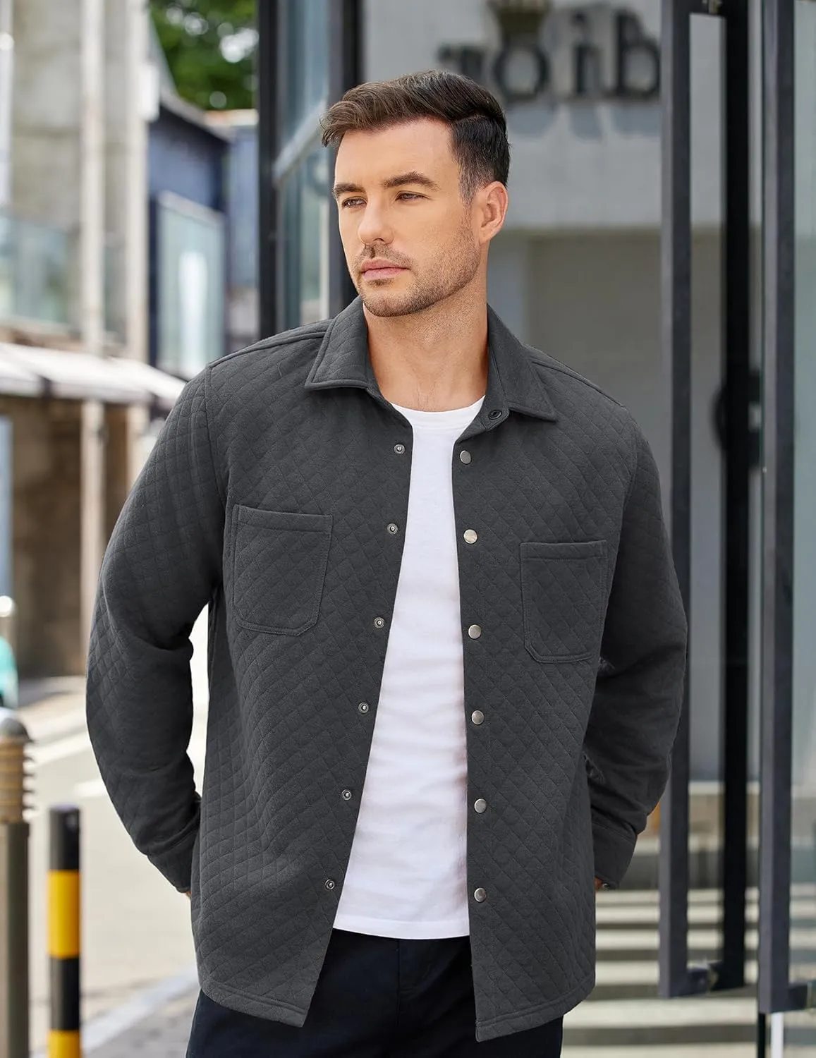 COOFANDY Mens Shacket Long Sleeve Shirt Jacket with Pockets Lightweight Quilted Overshirt