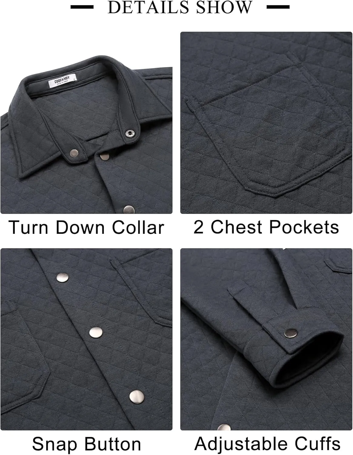 COOFANDY Mens Shacket Long Sleeve Shirt Jacket with Pockets Lightweight Quilted Overshirt