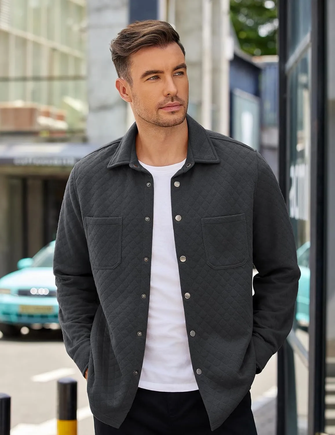 COOFANDY Mens Shacket Long Sleeve Shirt Jacket with Pockets Lightweight Quilted Overshirt