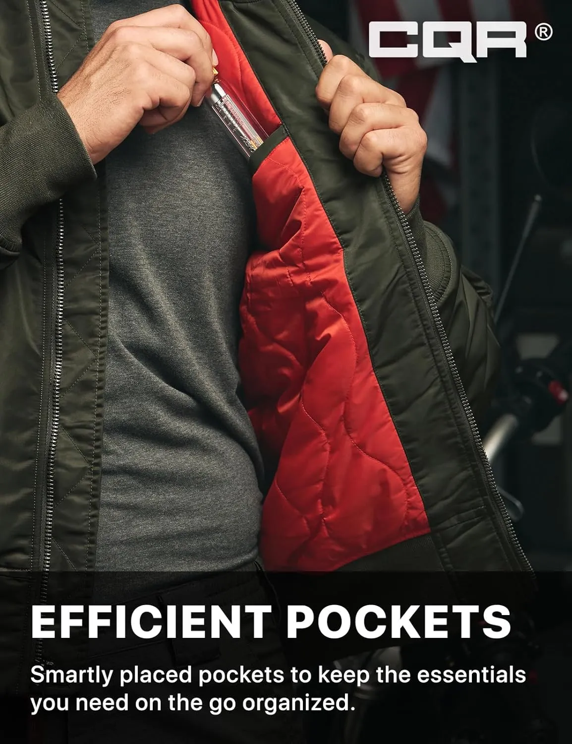 CQR Men's Casual Bomber Jacket, Outdoor Fall/Winter Zip-Up Windbreaker, Water Resistant Padded MA-1 Flight Jacket with Pocket