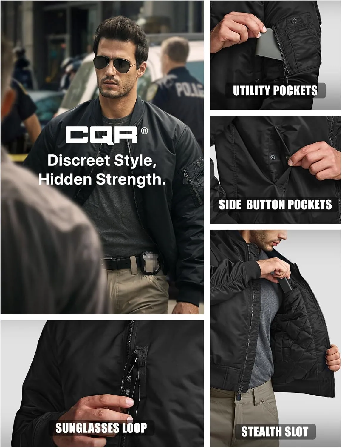 CQR Men's Casual Bomber Jacket, Outdoor Fall/Winter Zip-Up Windbreaker, Water Resistant Padded MA-1 Flight Jacket with Pocket