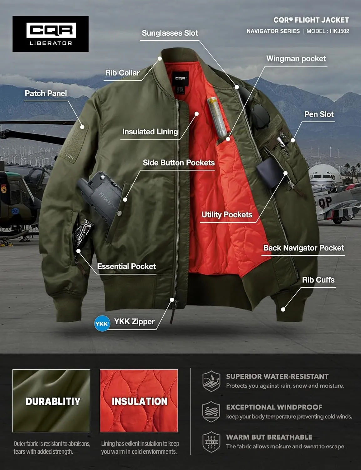CQR Men's Casual Bomber Jacket, Outdoor Fall/Winter Zip-Up Windbreaker, Water Resistant Padded MA-1 Flight Jacket with Pocket