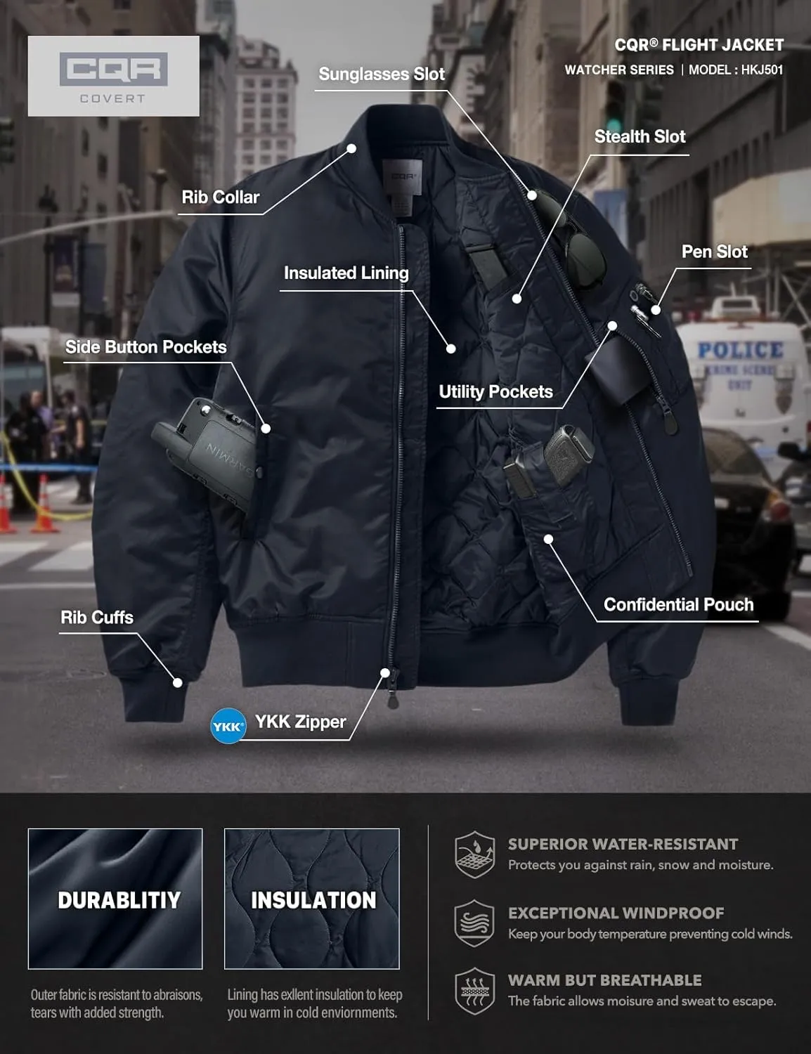 CQR Men's Casual Bomber Jacket, Outdoor Fall/Winter Zip-Up Windbreaker, Water Resistant Padded MA-1 Flight Jacket with Pocket